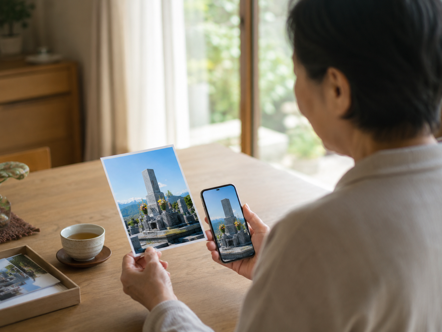 自宅で、印刷した写真とスマートフォンの報告を見ながら、遠方のお墓の様子を確かめるご家族（顔は写っていません）